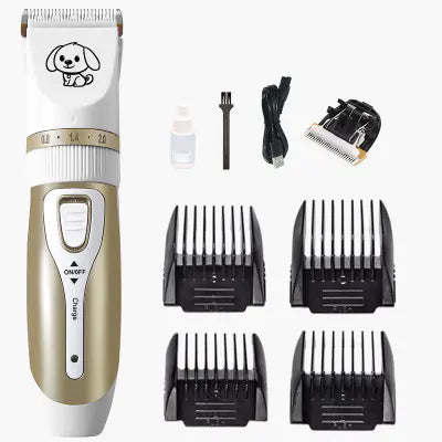 Dog grooming clipper set with attachments on a white background