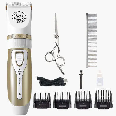 Pet grooming kit with trimmer, scissors, comb, and attachments on a white background