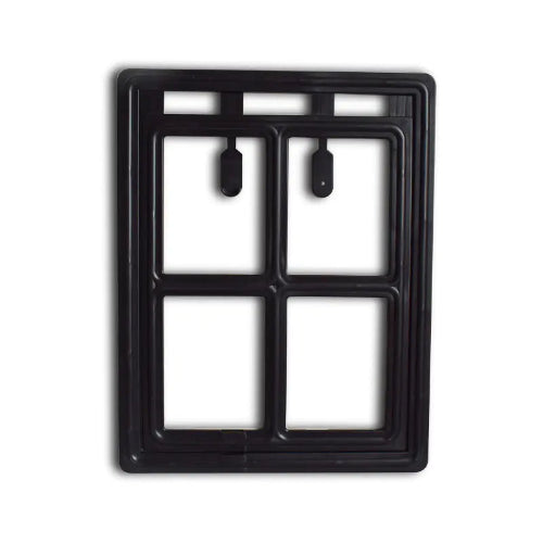 Black metal wall plate with four square openings and two hanging loops on a white background